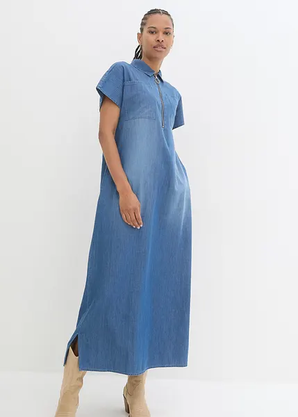 Robe Longue En Jean Pour Femme Grandes Tailles - Tunique Col V - Manches 3/4 - Fente Et Ceinture - Style Décontracté élégant - Idéale été