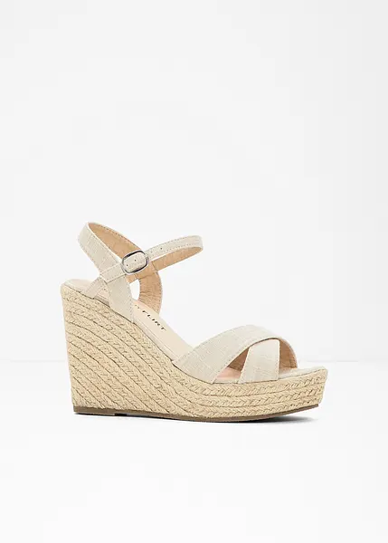 Jolies sandales compensees avec talon en raphia et brides croisees devant beige