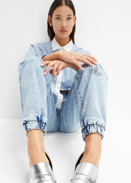 Lässige Barrel Jeans mit sommerlichem Print eisblau denim