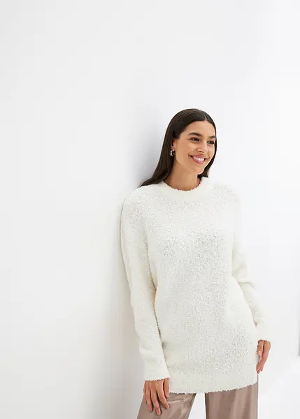 Bouclé-Pullover aus softem Material, weit geschnitten wollweiß