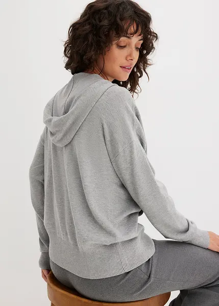 Modischer Strick-Kapuzenpullover mit Kängurutasche hellgrau meliert