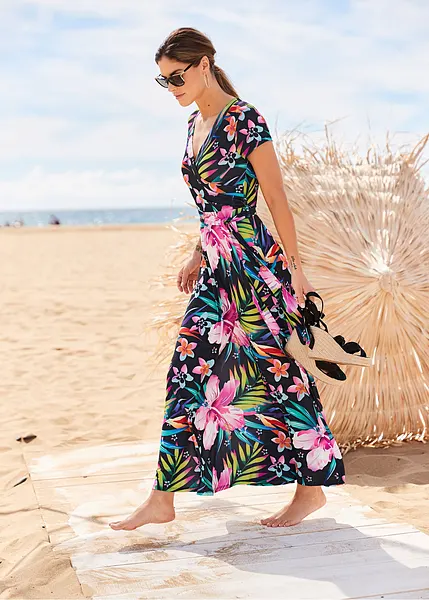 Robe longue portefeuille noir/vert/rose à fleurs