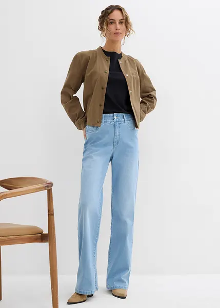 Jean droit, taille haute avec fente bleu glacier denim