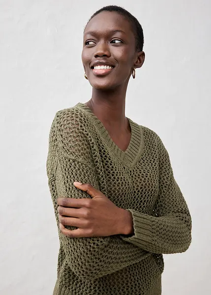 Pullover in schönem Ajour und leichtem Leinen-Mix dunkeloliv