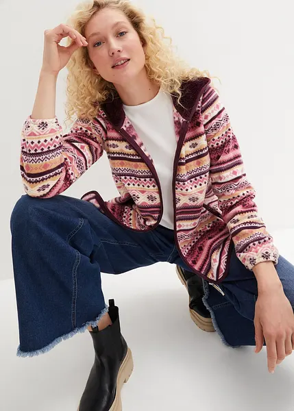 Kuschelige Fleecejacke mit Kapuze im Norweger-Stil beerensorbet