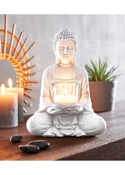 Relaxdays Porte-Bougie Tête De Bouddha - Décoration Feng Shui Pour Salon Et Salle De Bain, Gris