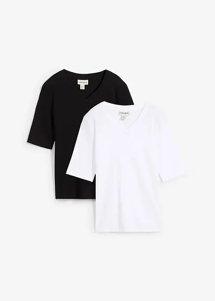 Lot de 2 T-shirts col V en coton côtelé