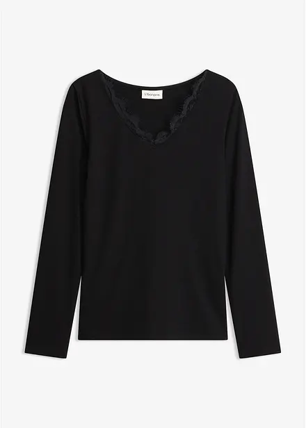 Shirt aus Single Jersey und Spitze im V-Ausschnitt