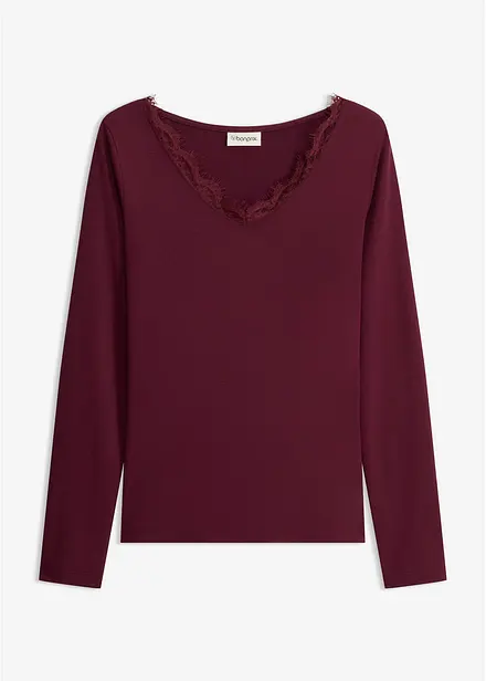 Shirt aus Single Jersey und Spitze im V-Ausschnitt
