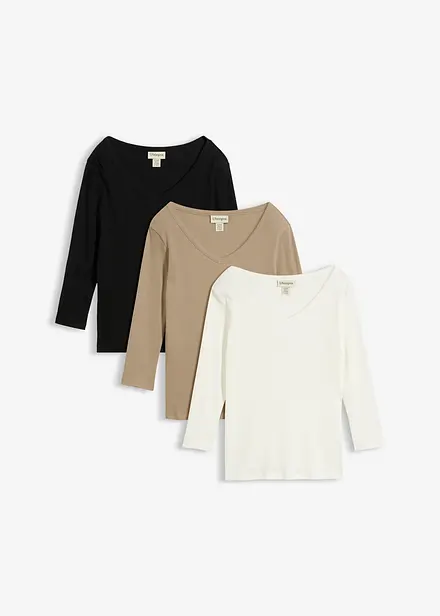 Rippshirt mit 3/4-Arm aus reiner Bio-Baumwolle (3er Pack)