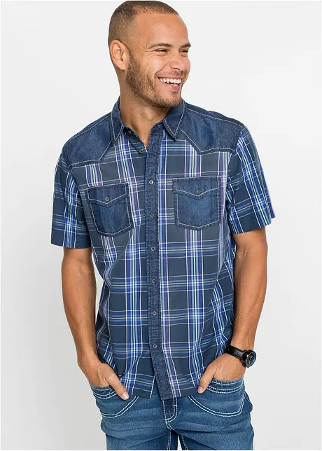 Kurzarmhemd mit Denimbesatz, bonprix