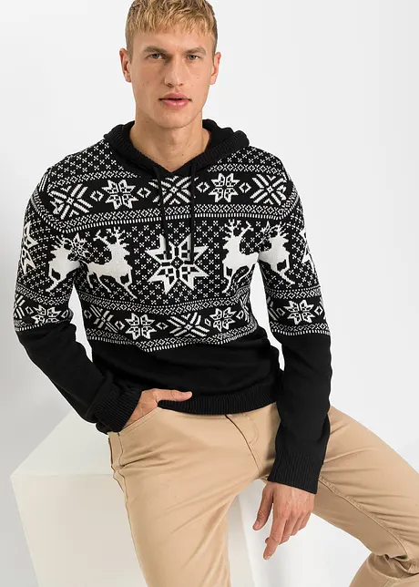 Pull coton motif norvégien à capuche, bonprix