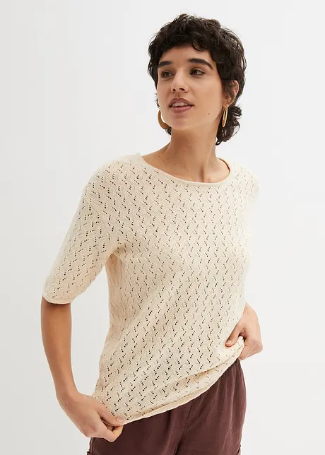 Ajour- Pullover mit Leinen, 1/2- Arm, bonprix