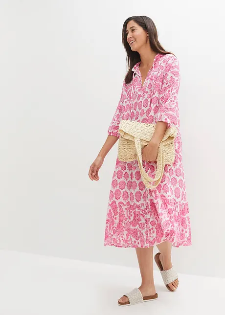 Crincle-Web-Baumwollmidikleid mit Taschen und 3/4- Arm, bonprix