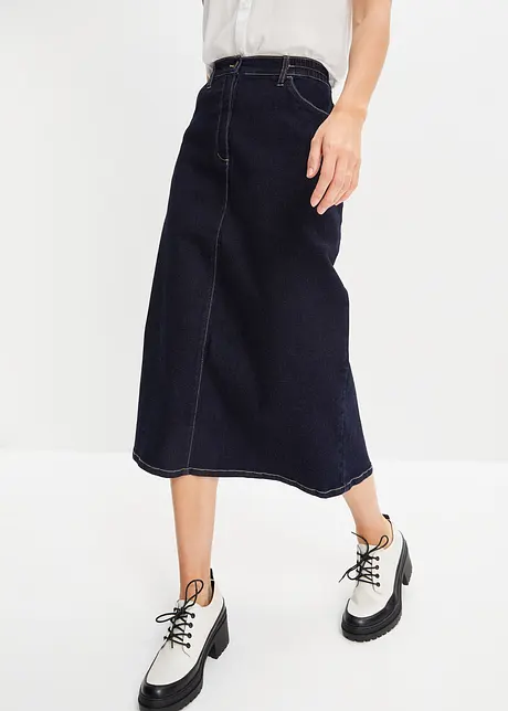 Jupe midi en jean extensible légèrement évasée avec taille confortable, bonprix