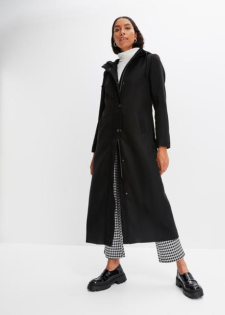 Manteau long en imitation laine avec capuche et cordon de serrage