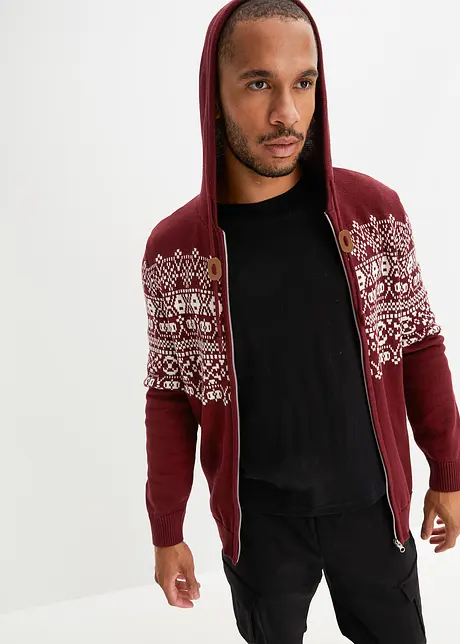 Gilet en maille coton à capuche motif norvégien coupe spéciale ventre, bonprix