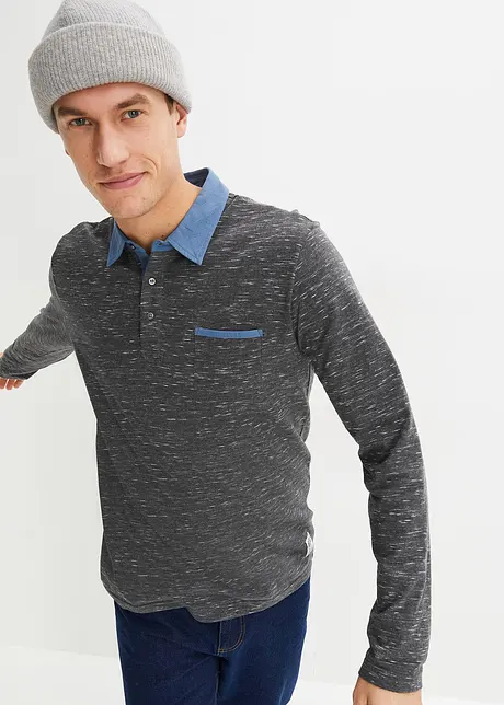 Poloshirt mit gewebtem Kragen, Langarm, bonprix