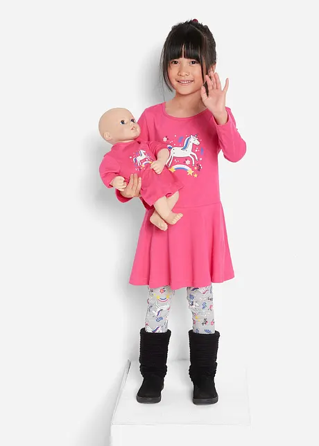 Jerseykleid + Leggings mit Puppenkleid (3-tlg. Set), bonprix