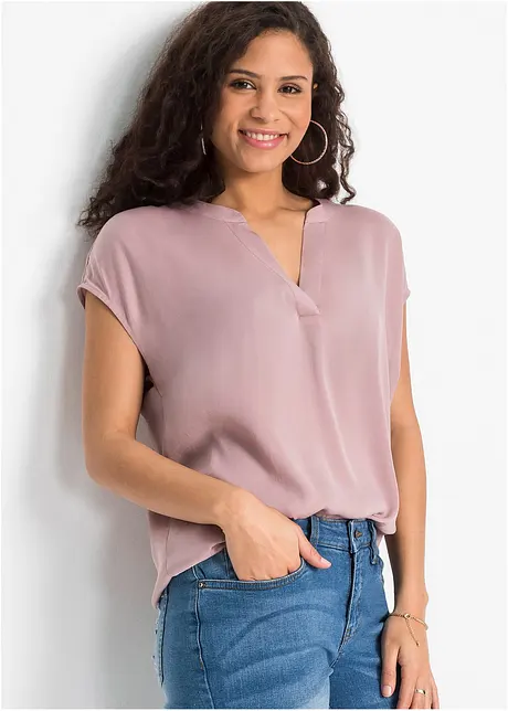 Blouse manches courtes en satin avec épaules descendues, bonprix