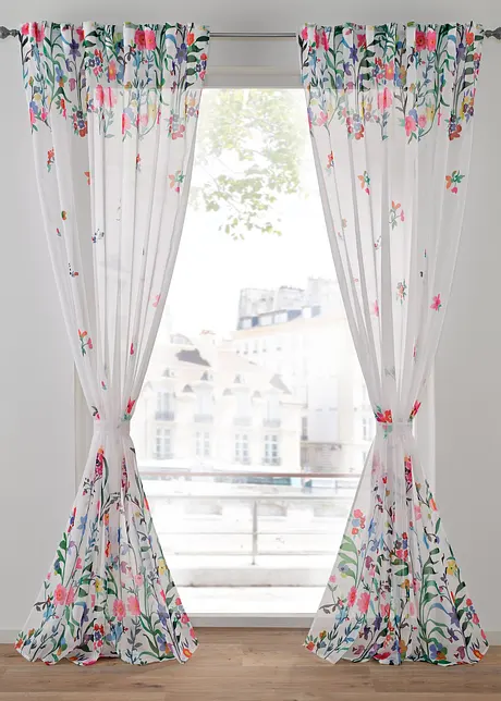 Gardine mit Blumendruck inkl.Raffhalter (2er Pack), bonprix