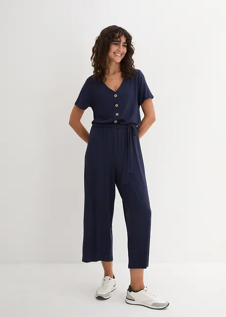 Jersey-Jumpsuit mit V-Ausschnitt, kurzarm, bonprix