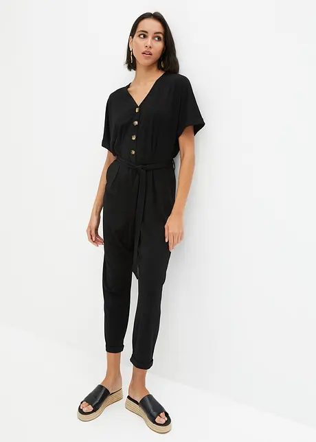 Jumpsuit aus Strukturjersey mit Bindegürtel , knöchelfrei, bpc bonprix collection