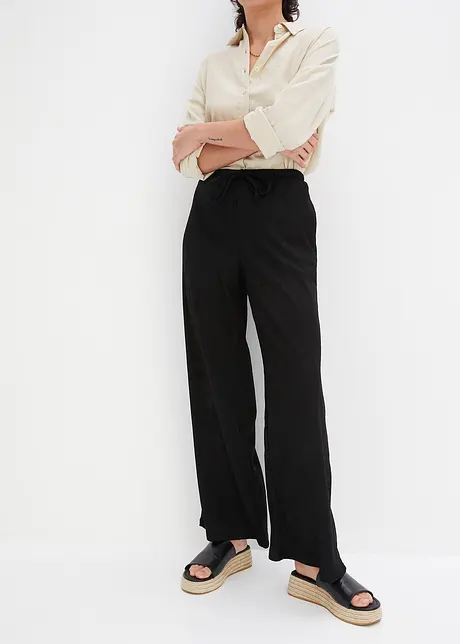 Pantalon taille haute en jersey texturé à ceinture élastiquée et lien à nouer, bonprix