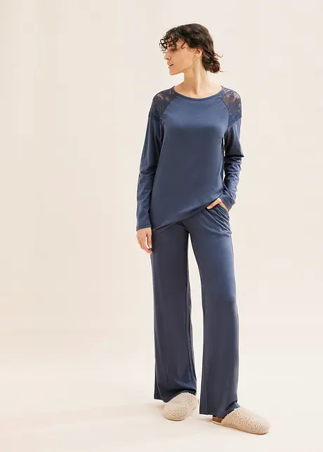 Pyjama mit weitem Bein und Spitze mit Viskose, bonprix