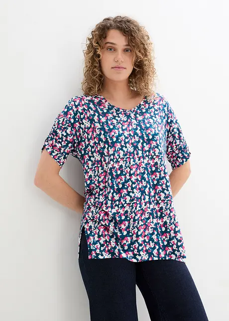 T-shirt en jersey viscose et lin avec manches froncées, bonprix