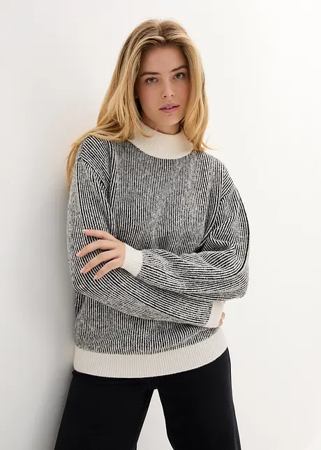 Gestreifter Pullover mit Stehkragen, bonprix