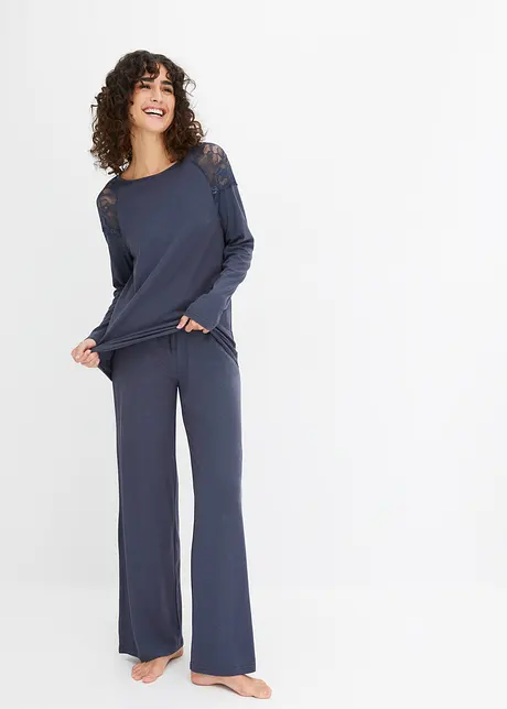 Pyjama mit weitem Bein und Spitze mit Viskose, bonprix