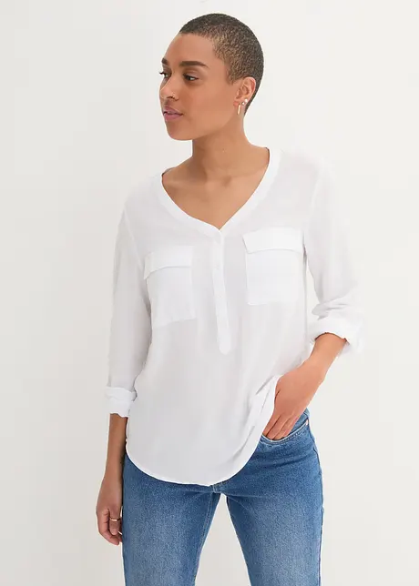 Langarm Bluse mit V-Ausschnitt aus fließender Viskose, bonprix