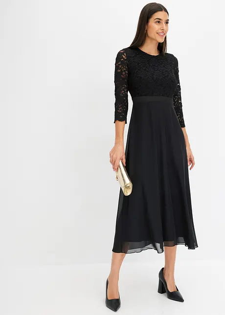 Robe midi en crêpe légère avec haut en dentelle, bonprix