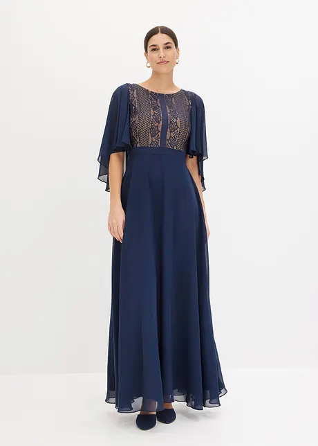 Robe midi en crêpe avec dentelle et cape, bonprix