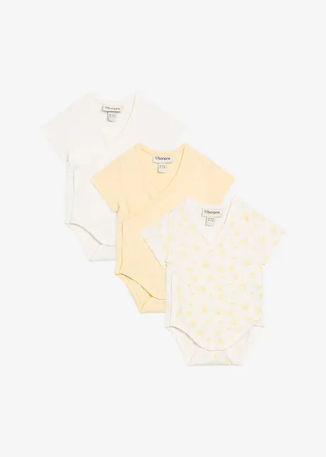 Lot de 3 bodies bébé croisés manches courtes, 100% coton, bonprix