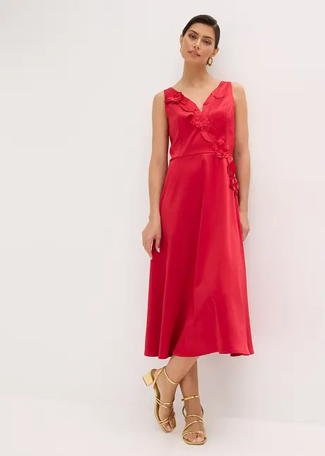 Robe midi en satin brillant avec fleurs appliquées, bonprix