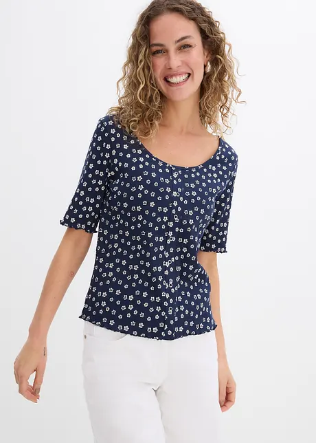 T-shirt côtelé à imprimé floral, manches coude, bonprix