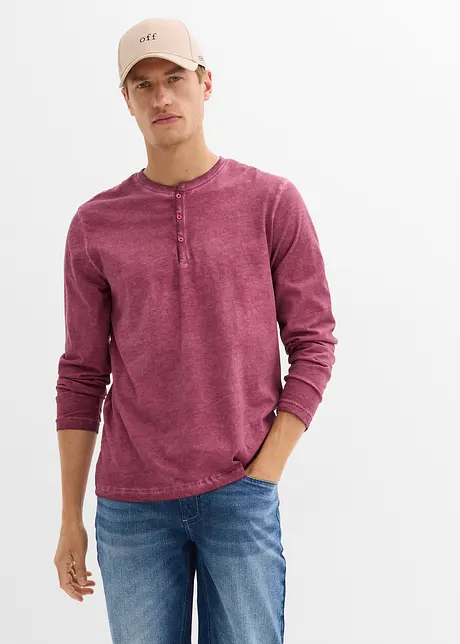 T-shirt manches longues délavé col tunisien, 100% coton, bonprix