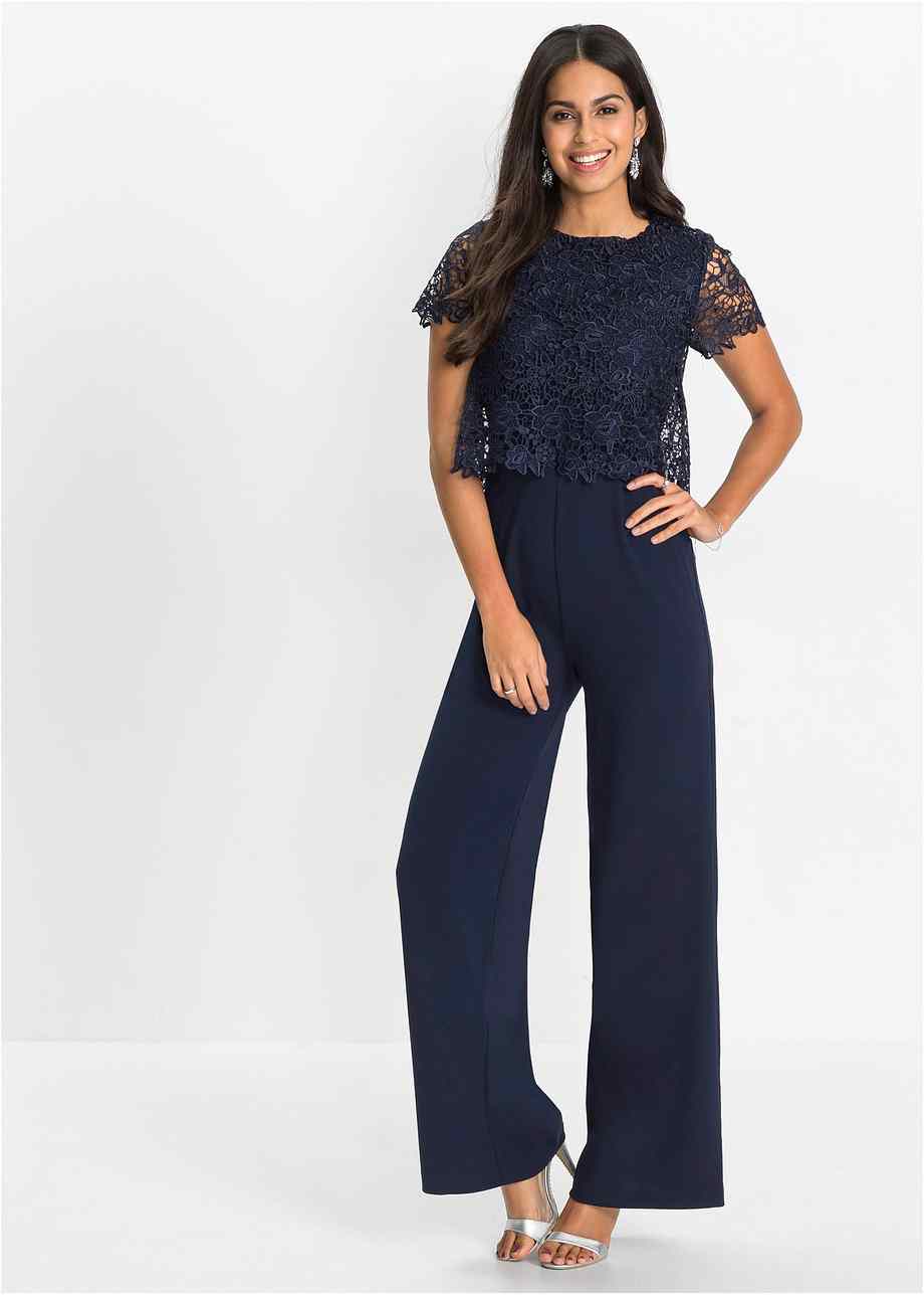 Kurzärmliger Jumpsuit mit Spitze und weitem Bein dunkelblau, regular