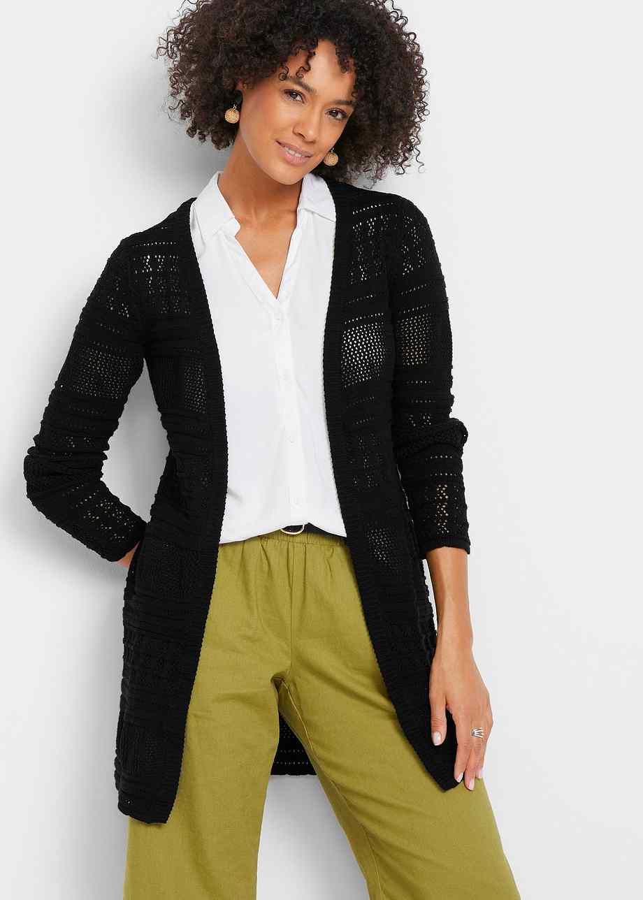 Lange Strickjacke in Häkeloptik - schwarz