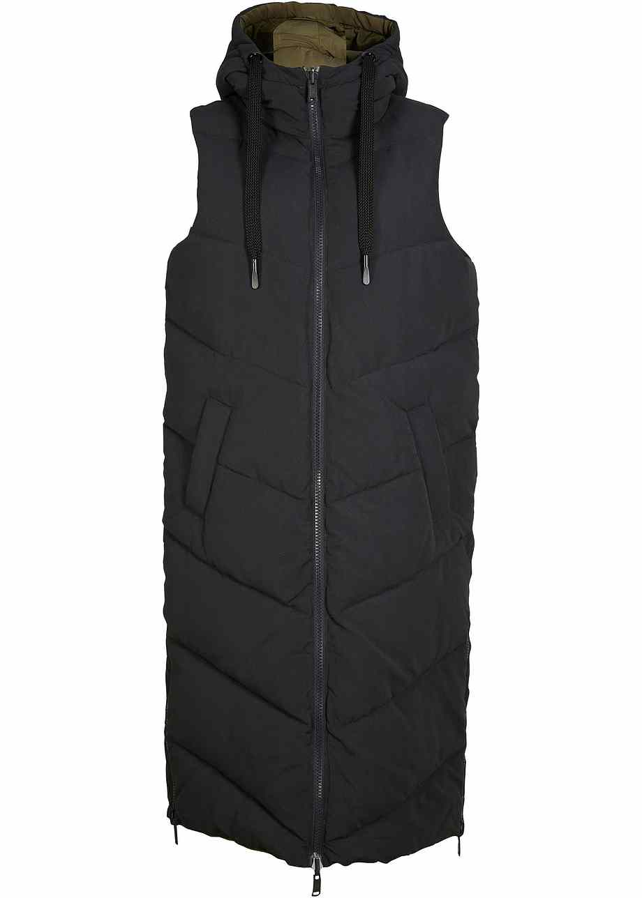 Gilet Sans Manches Matelassé Oversize Réversible Avec Capuche Noir Olive Foncé