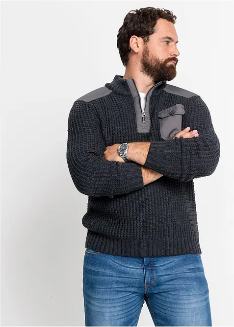 Pull camionneur en grosse maille avec empiècements en tissu, bonprix