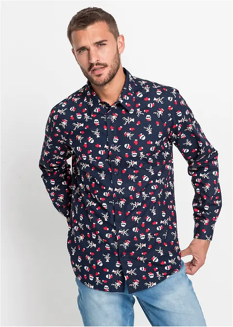 Langarmhemd mit Weihnachts-Druck aus reiner Baumwolle, Slim Fit, bonprix