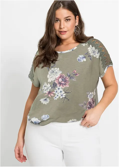 Bedrucktes Shirt mit Spitze, bonprix