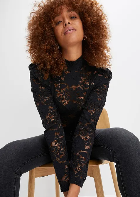 T-shirt manches longues cintré en dentelle, bonprix