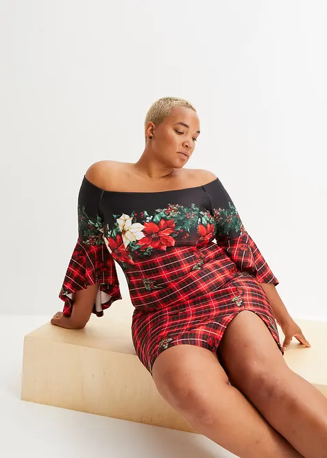 Carmen-Kleid aus fester Scuba-Qualität mit Weichnachtsmotiv, bonprix