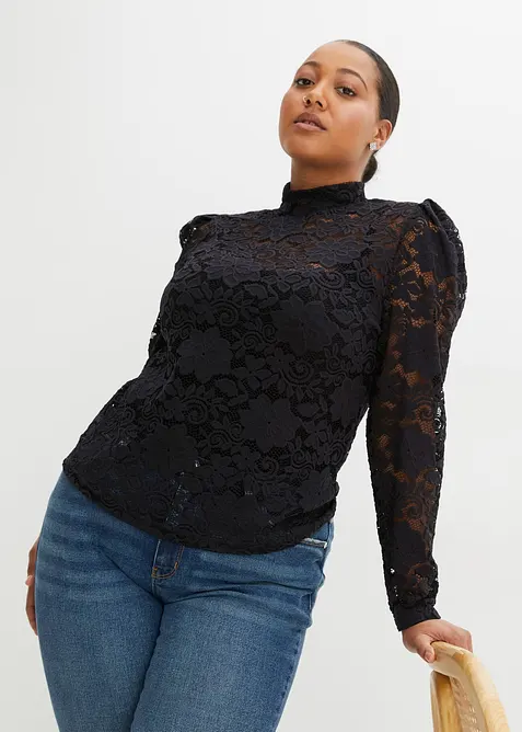 Figurbetontes Langarmshirt mit Spitze, bonprix
