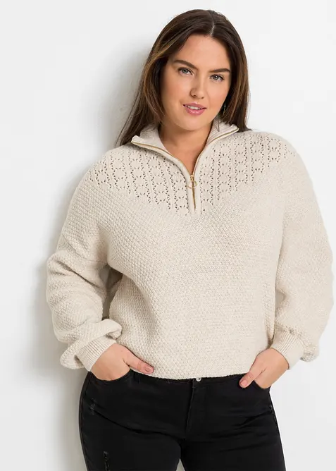 Troyer Pullover mit Ajourmuster, bonprix