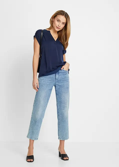 Blouse manches courtes ample en satin avec &eacute;paules descendues, bonprix